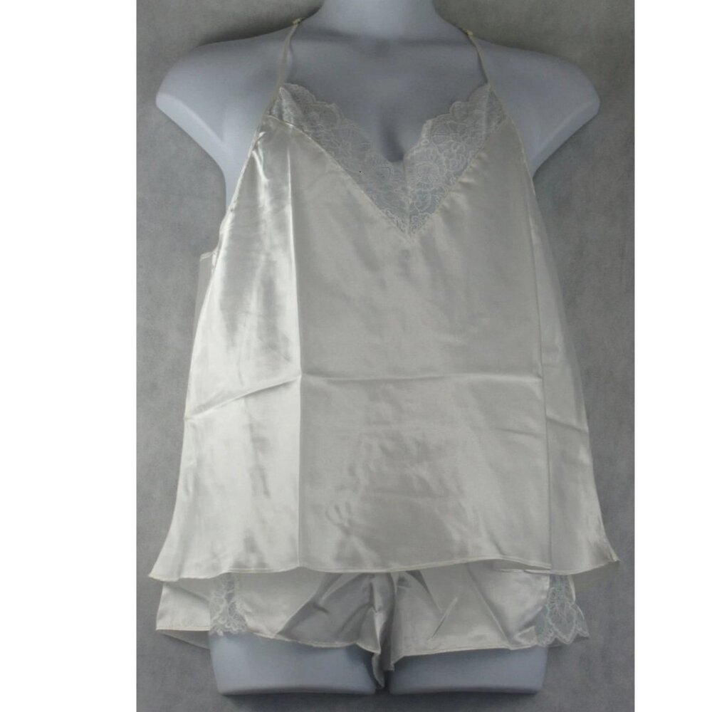 Flora by Flora Nikooz Women's 2-Piece Satin Shorts Lounge Pajama Set, Ivory , XL